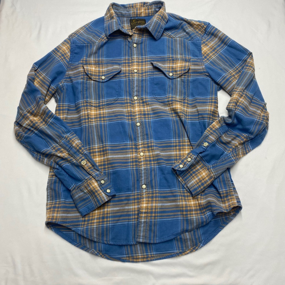 Lucky Brand Mens Saturday Stretch Plaid Western Snap Shirt Blue Yellow Medium